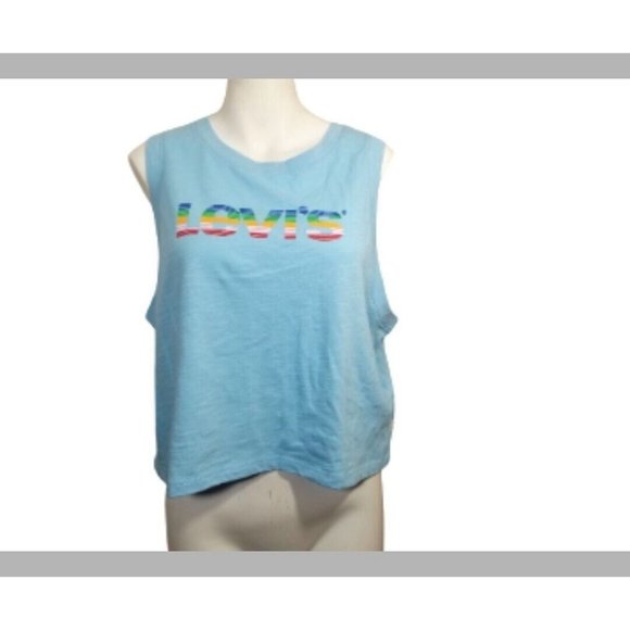 Levi's Womens Top Blue Sleeveless Logo-Print Cotton Cropped Size Large New - Picture 1 of 9